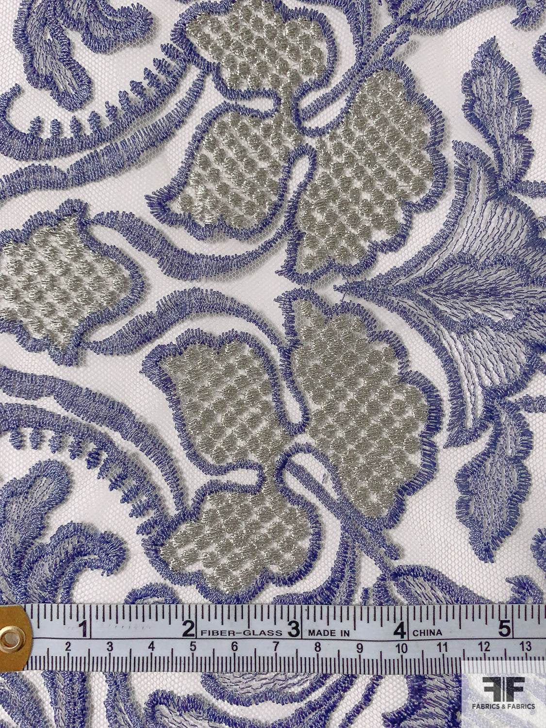 Double Scalloped Floral Embroidered Tulle with Metallic Detailing - French Violet / Silver