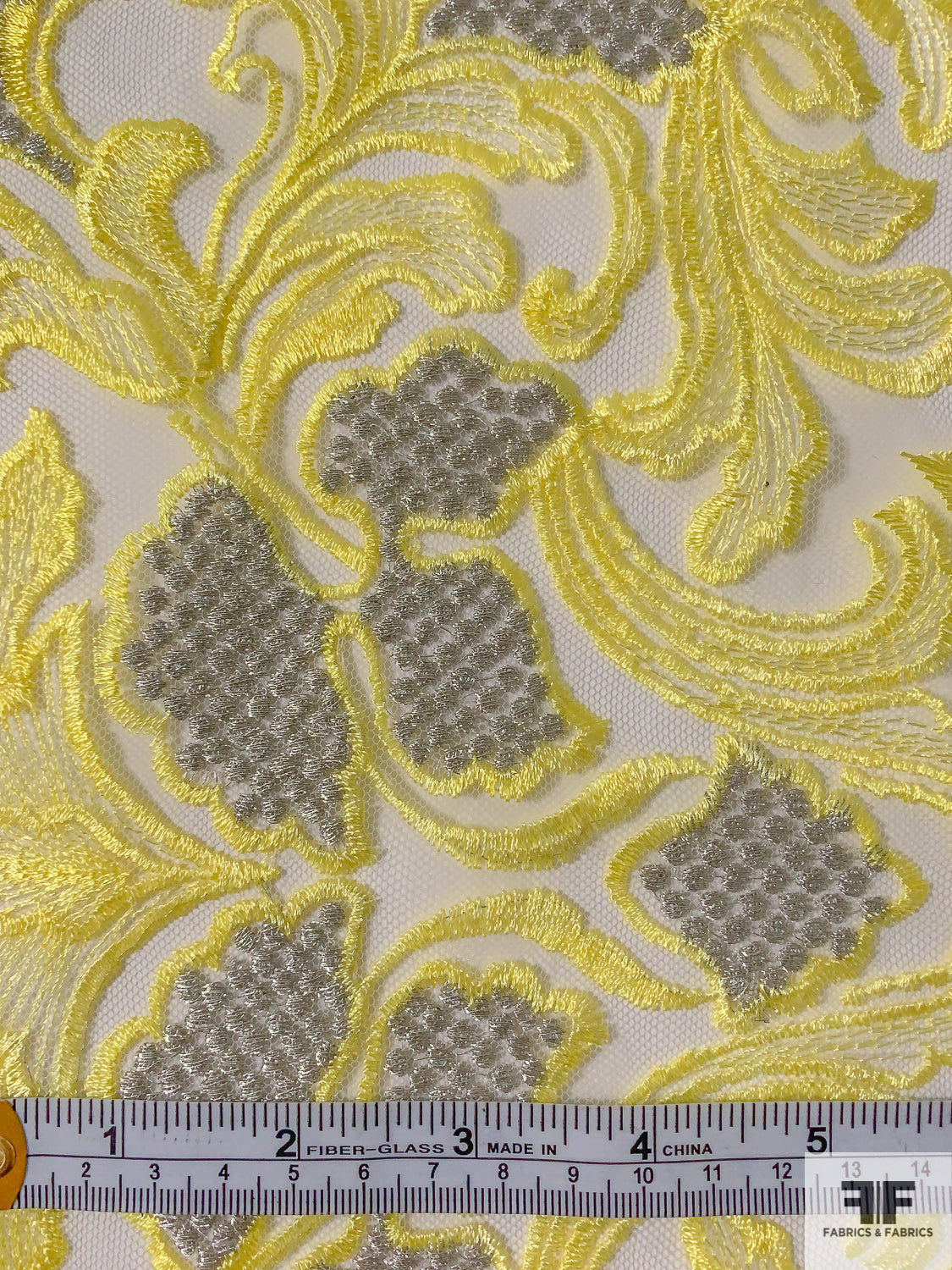 Double Scalloped Floral Embroidered Tulle with Metallic Detailing - Soft Yellow / Silver