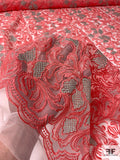 Double Scalloped Floral Embroidered Tulle with Metallic Detailing - Coral / Silver