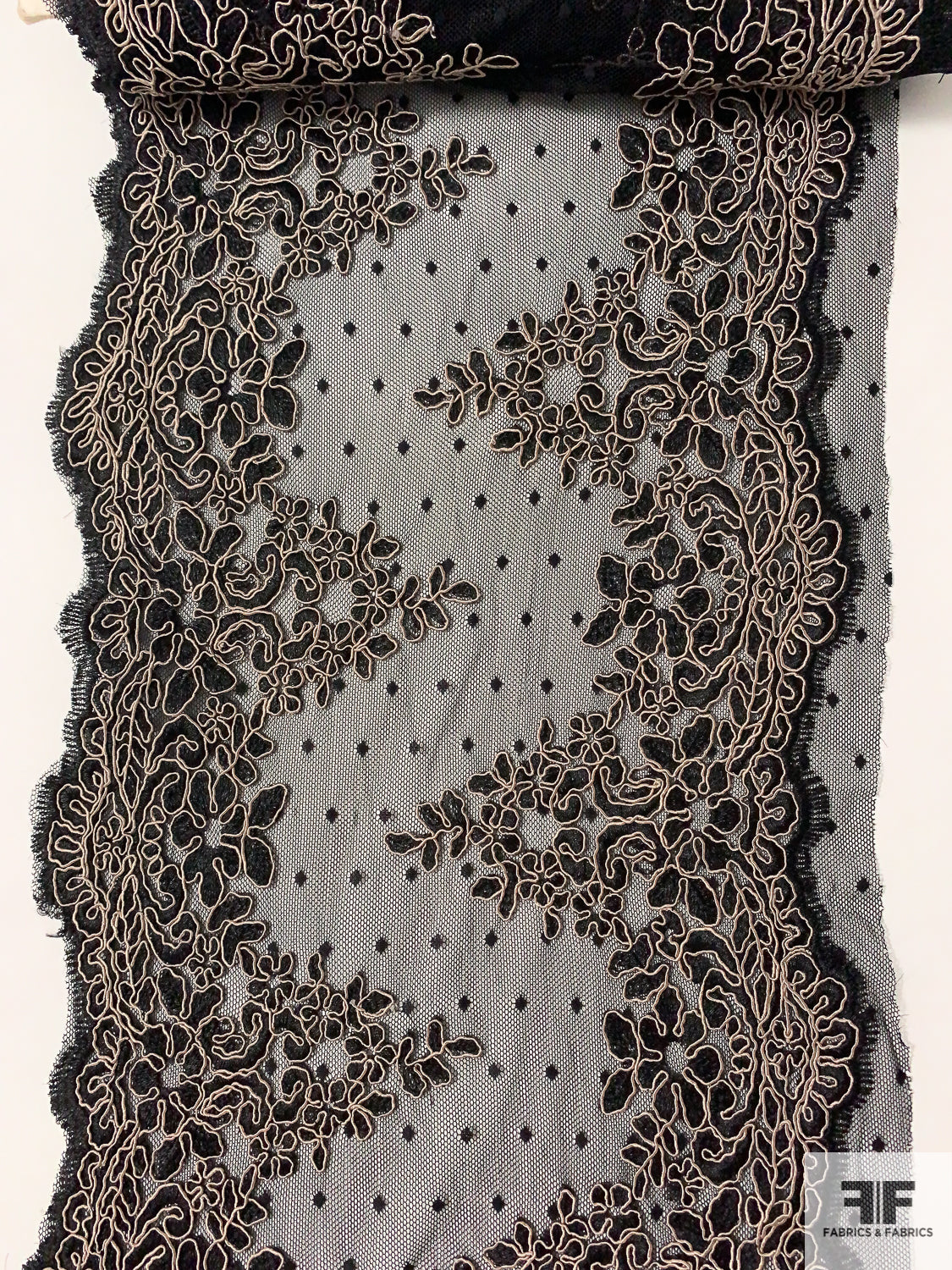 Double-Scalloped Floral Corded Lace Trim with Mechanical Stretch - Black /  Tan - Fabric by the Yard