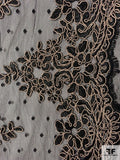 Double-Scalloped Floral Corded Lace Trim with Mechanical Stretch - Black / Tan