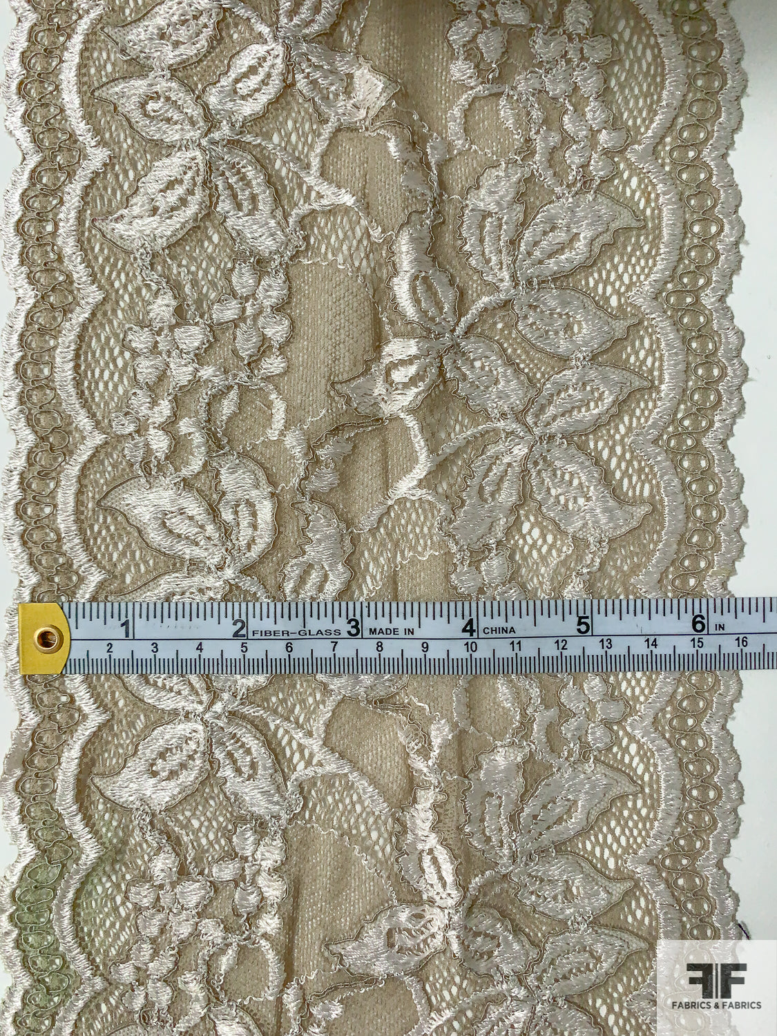Vintage-Look Floral Stretch Leavers Lace Trim - Khaki Stone / Ivory -  Fabric by the Yard