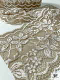 Vintage-Look Floral Stretch Leavers Lace Trim - Khaki Stone / Ivory