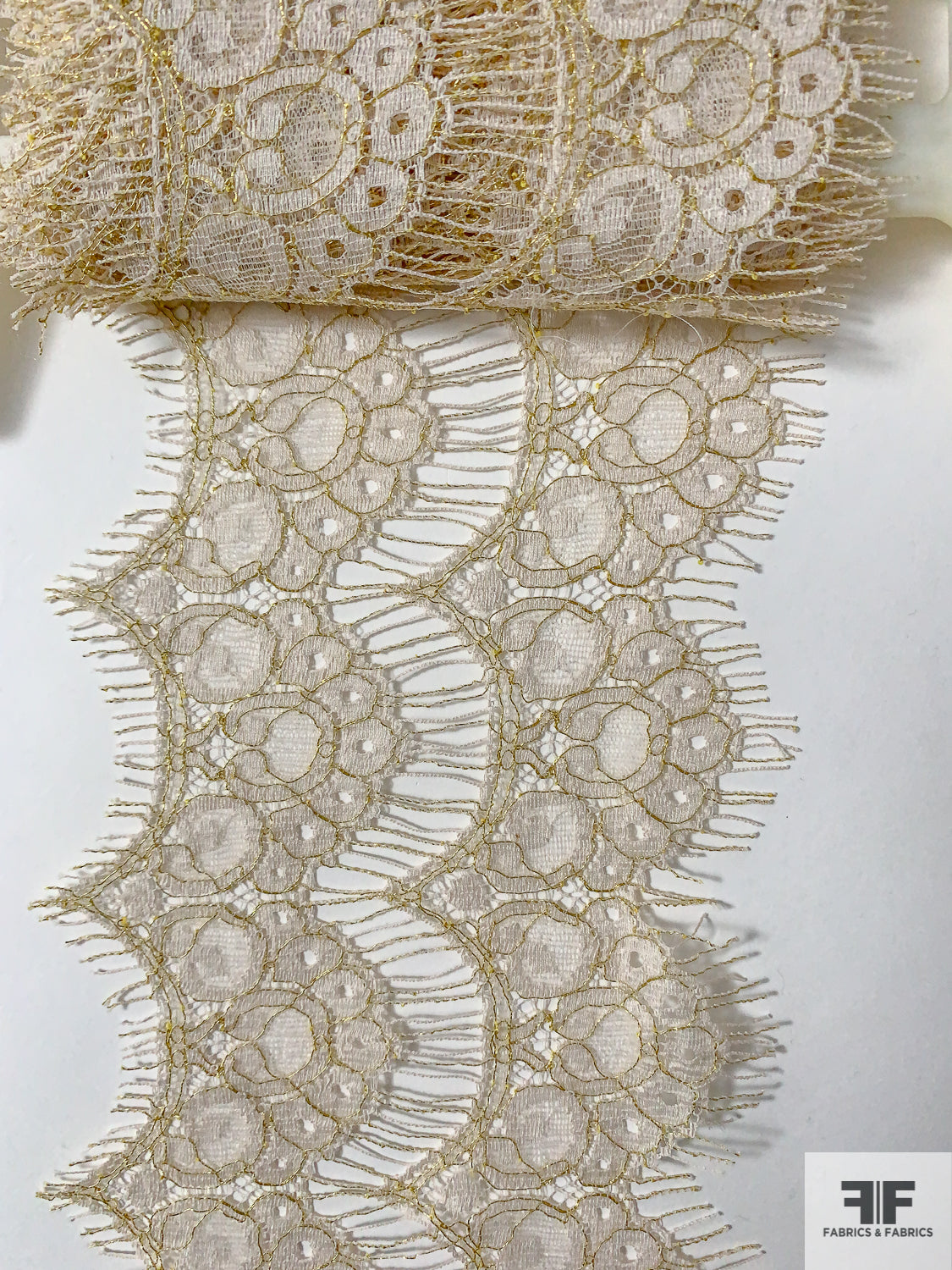 Metallic and Eyelash Leavers Lace Trim - Cream / Gold - Fabric by the Yard