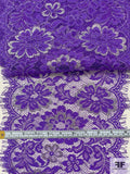 Double-Scalloped and Eyelash Floral Leavers Lace Trim - Purple / Silver
