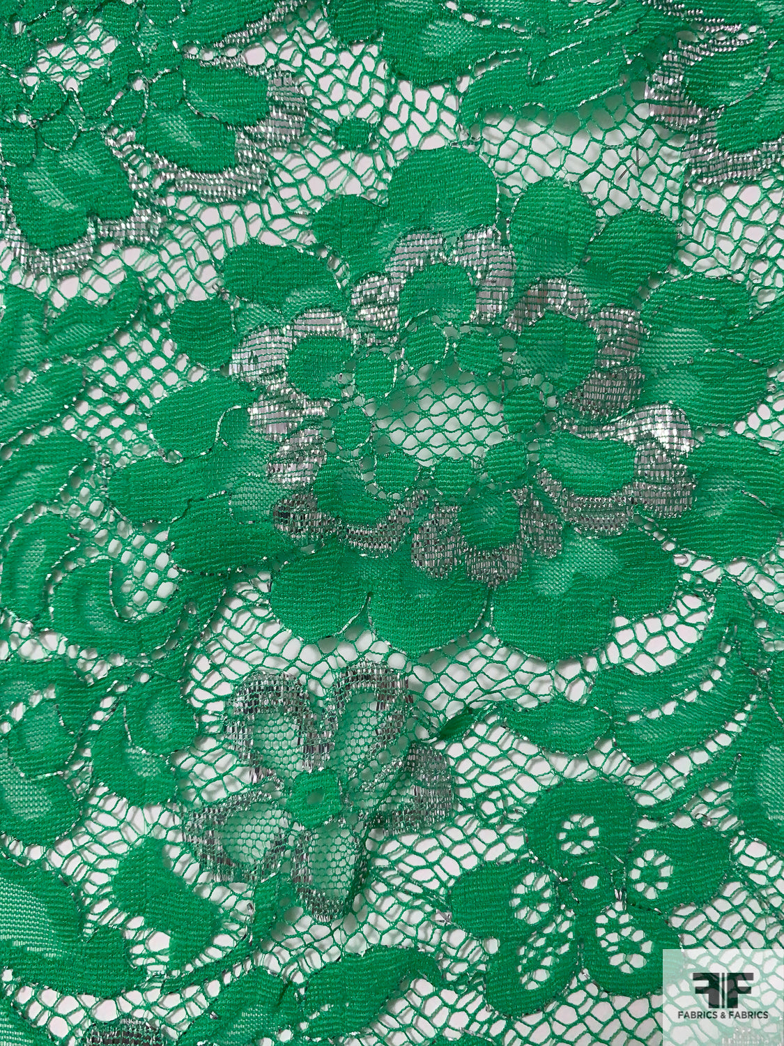 Double-Scalloped and Eyelash Floral Leavers Lace Trim - Kelly Green/Silver