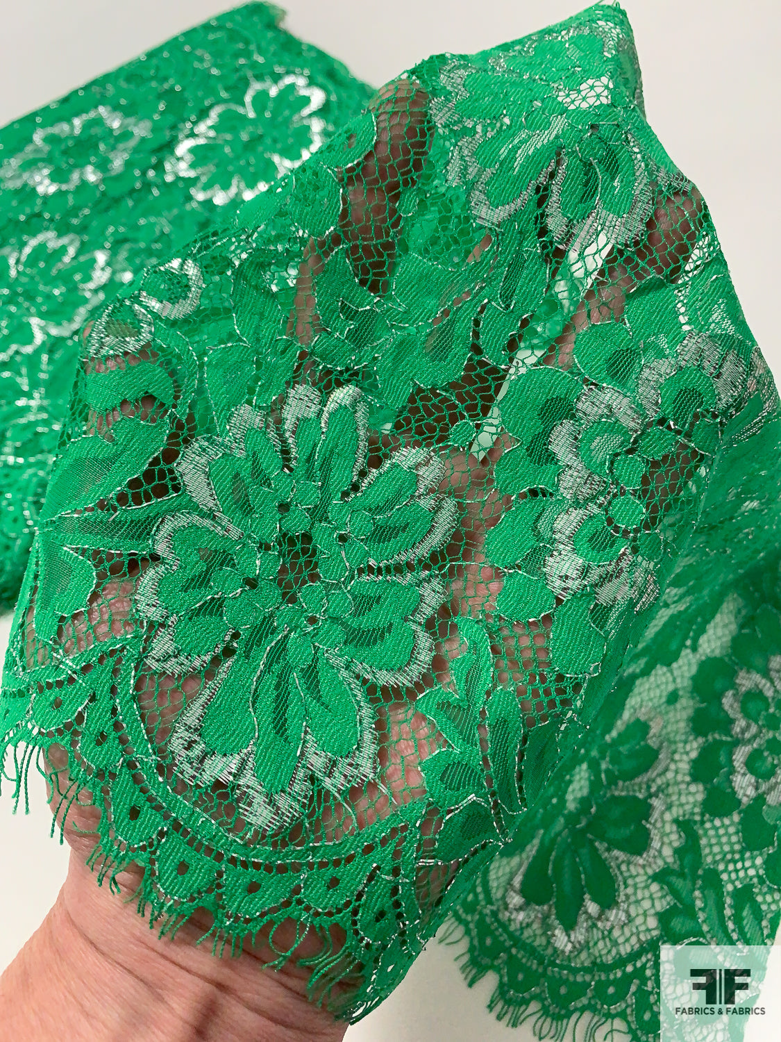 Double-Scalloped and Eyelash Floral Leavers Lace Trim - Kelly Green/Silver
