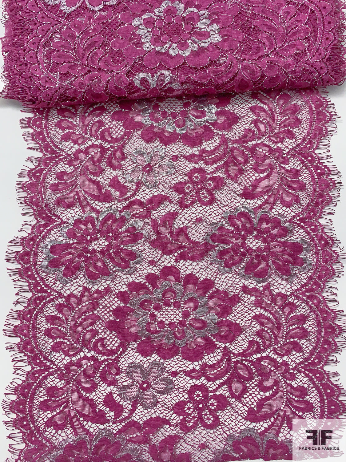 Double-Scalloped and Eyelash Floral Leavers Lace Trim - Boysenberry /  Silver - Fabric by the Yard