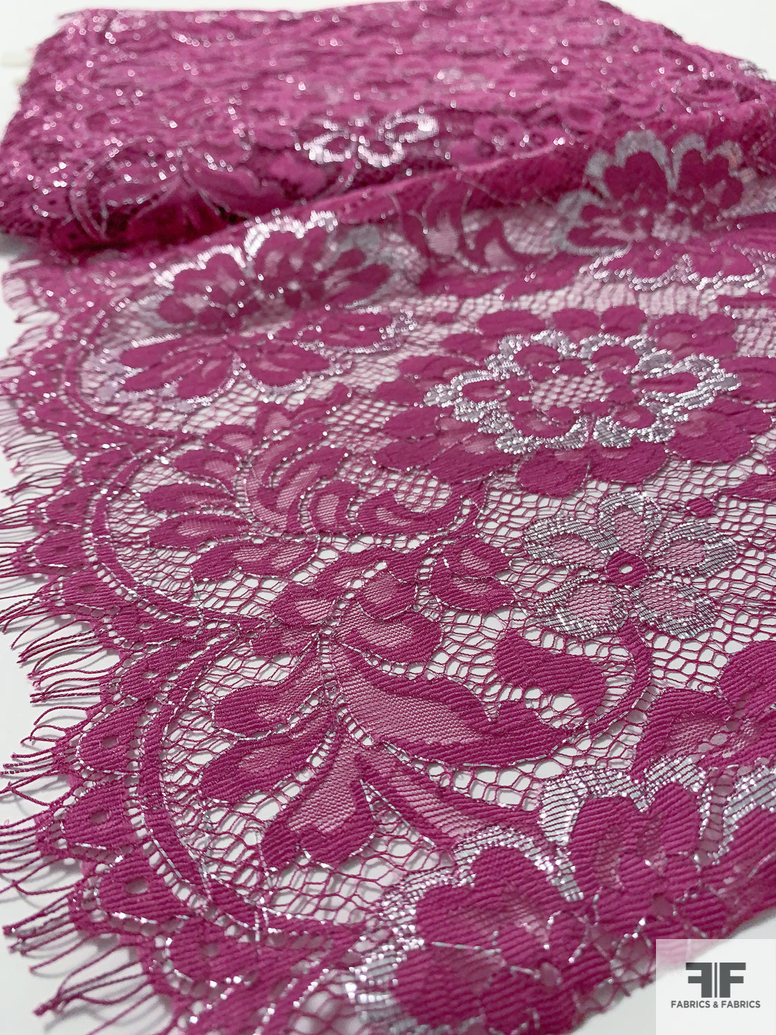 Double-Scalloped and Eyelash Floral Leavers Lace Trim - Boysenberry/Silver