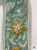Floral Embroidered and Pearl Beaded Silk Organza Trim - Aquamarine / Gold / Silver / White