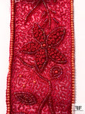 Floral Vine Embroidered and Beaded Organza Silk Blend Trim - Red