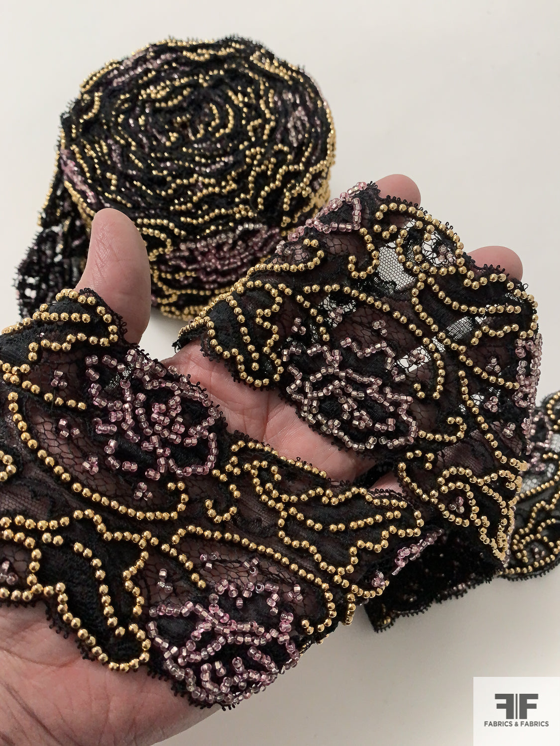 French Intricately Beaded Chantilly Lace Trim - Black / Gold / Taupe