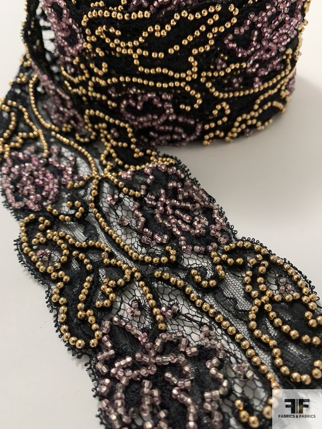 French Intricately Beaded Chantilly Lace Trim - Black / Gold / Taupe