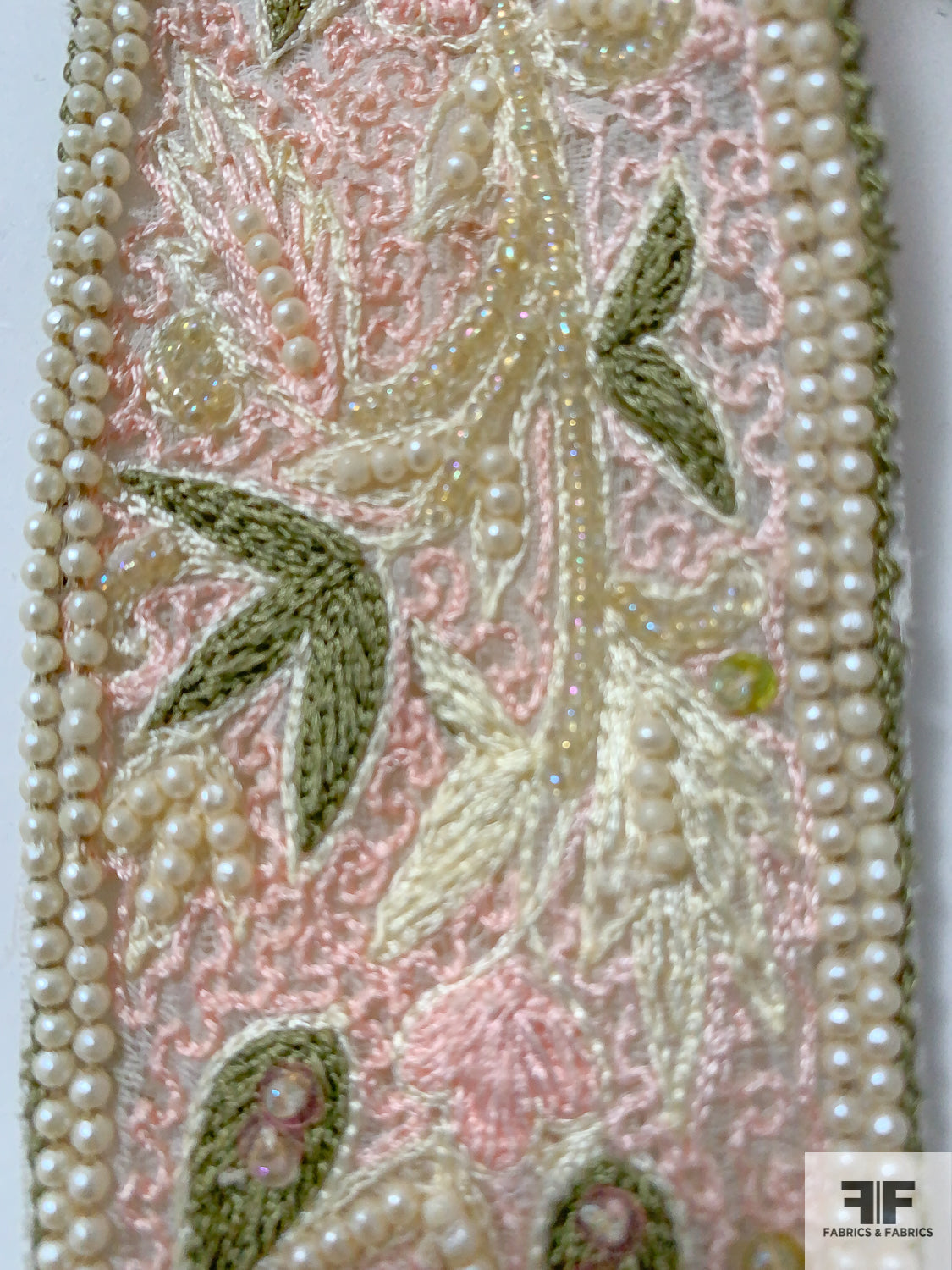 Leaf Embroidered and Beaded Organza Silk Blend Trim - Baby Pink / Oliver Green / Pale Yellow