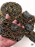 French Intricately Beaded Chantilly Lace Trim - Black / Gold / Clear