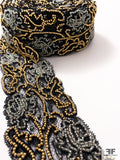 French Intricately Beaded Chantilly Lace Trim - Black / Gold / Clear