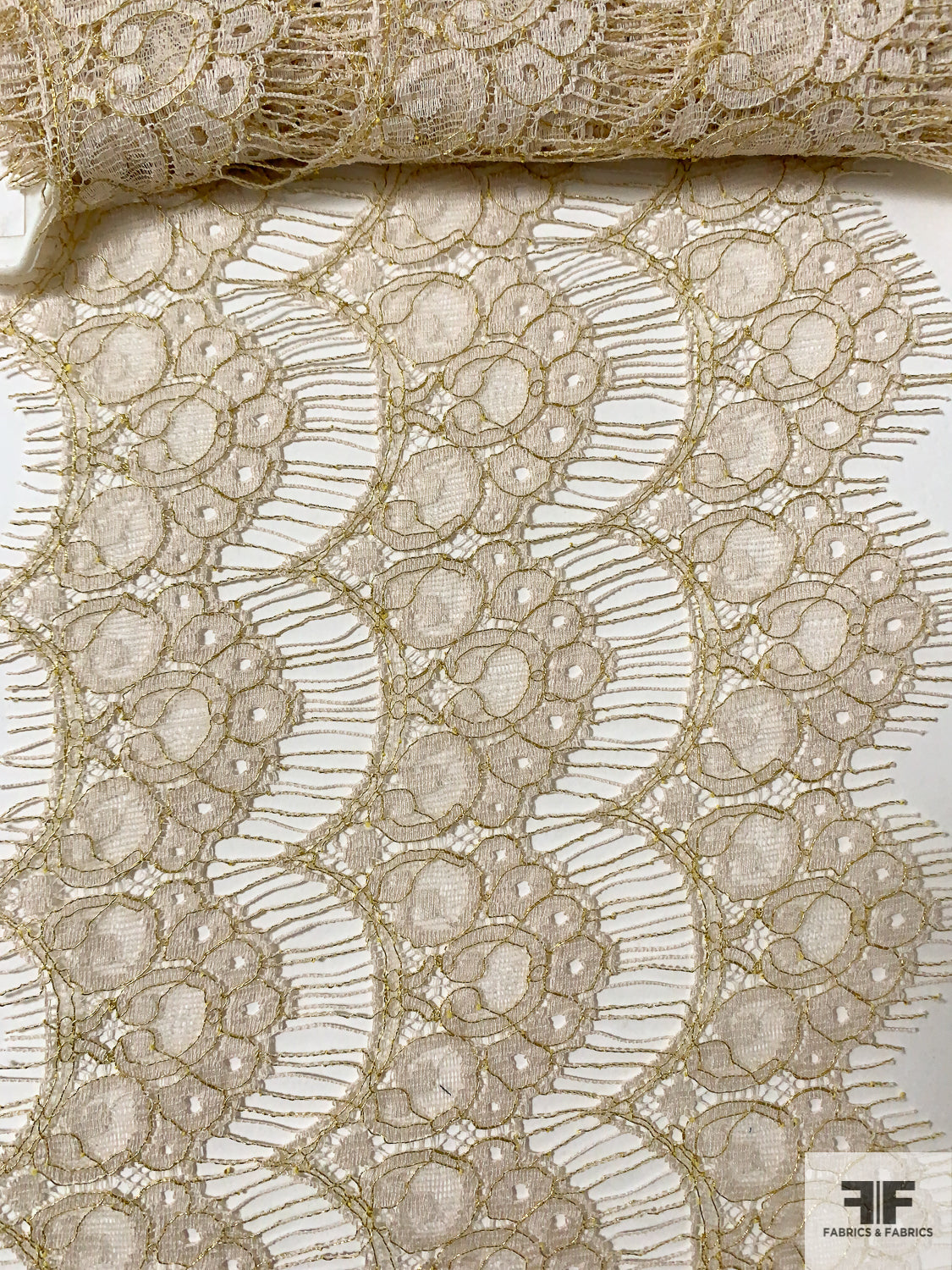 Multi-Scalloped Leavers Lace Trim - Beige / Gold - Fabric by the Yard