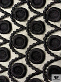 Single-Scalloped Circles and Scales Embroidered Silk Organza Trim - Black