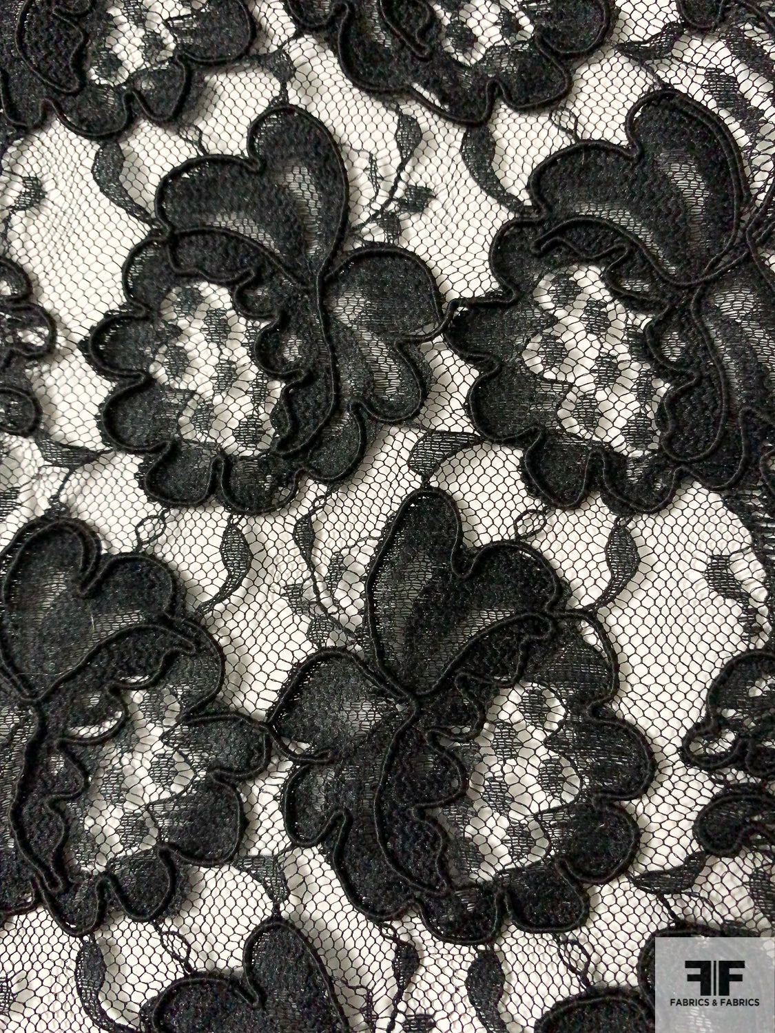 60 Black Lace With Silver Satin Backing Floral Leaves Lace Fabric