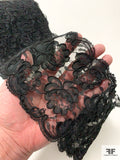 Double-Scalloped Floral Corded Lace Trim - Black