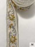 Floral Embroidered and Pearl Beaded Silk Organza Trim - White / Silver / Gold