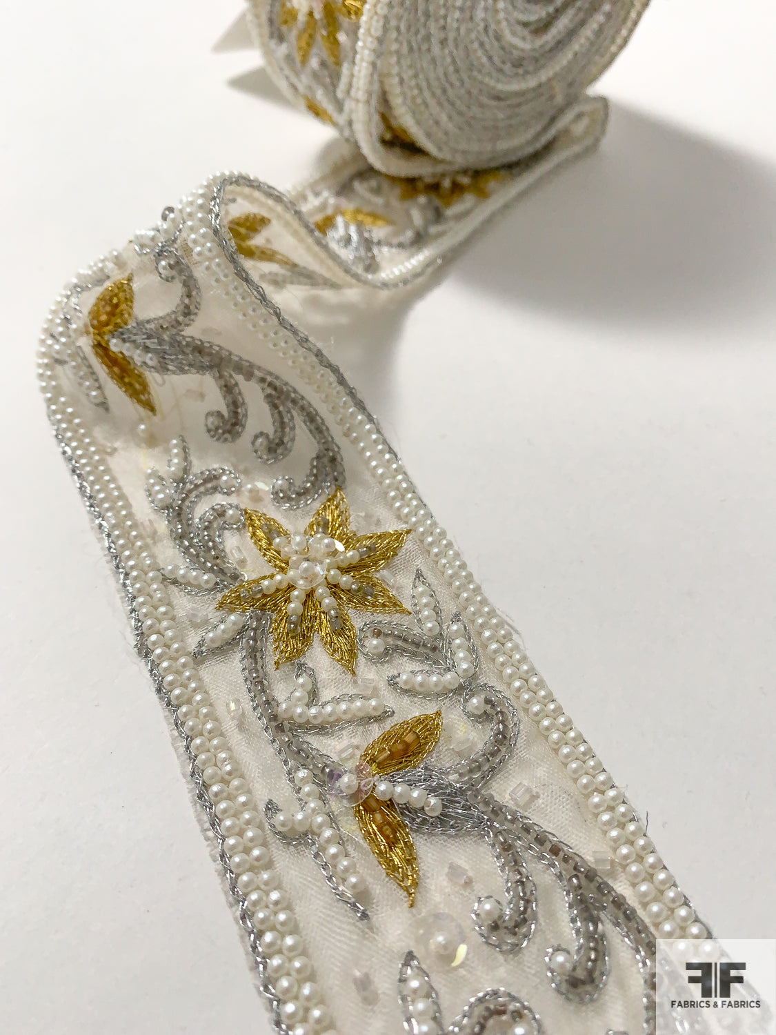 Floral Embroidered and Pearl Beaded Silk Organza Trim - White / Silver / Gold