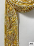 Leaf Vines Embroidered and Pearl Beaded Silk Organza Trim - Yellow Gold