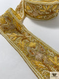 Leaf Vines Embroidered and Pearl Beaded Silk Organza Trim - Yellow Gold