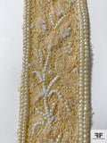 Leaf Vines Embroidered and Pearl Beaded Silk Organza Trim - Heraldic Ivory