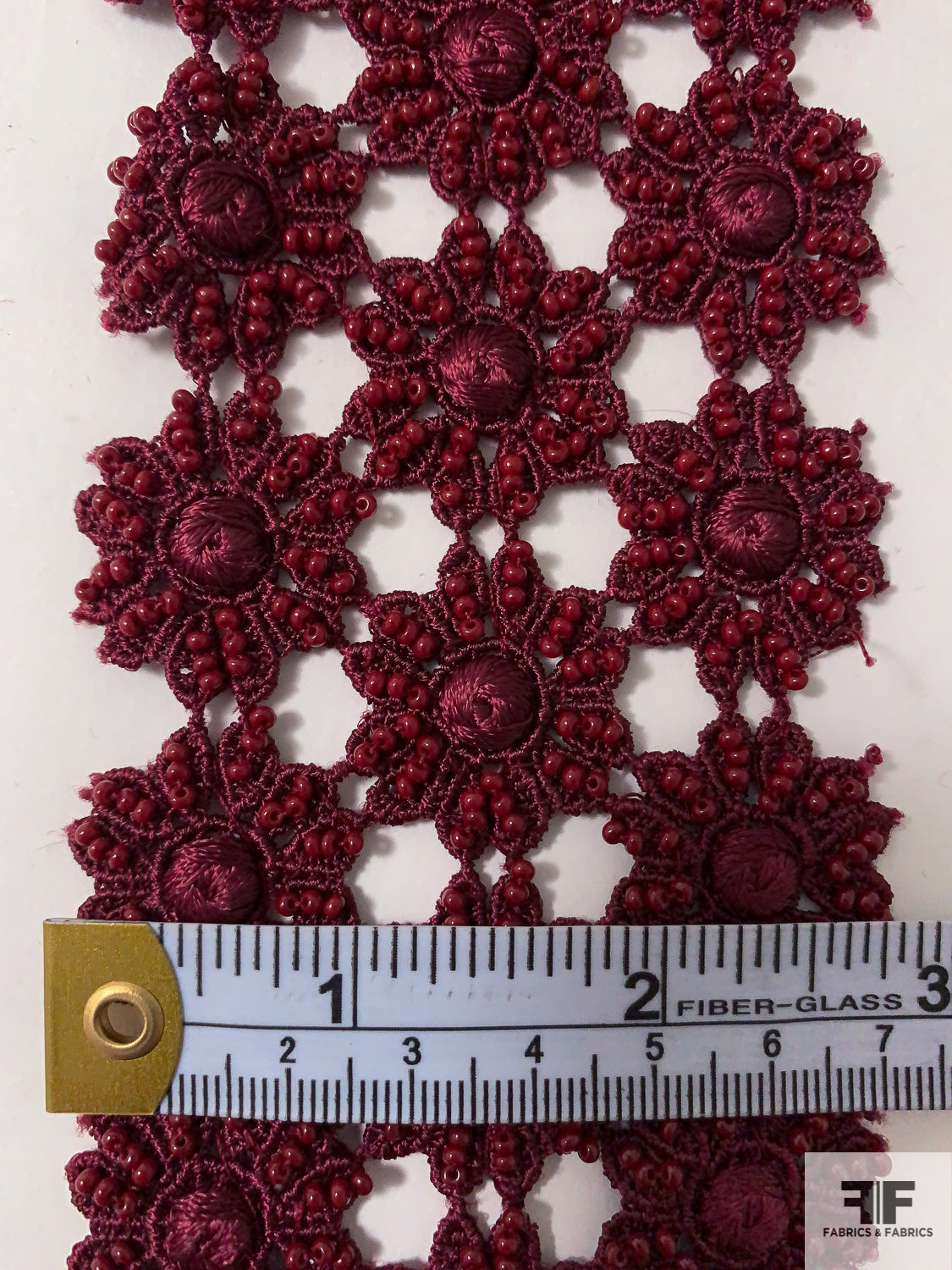 Floral Grid Beaded Guipure Lace Trim - Burgundy