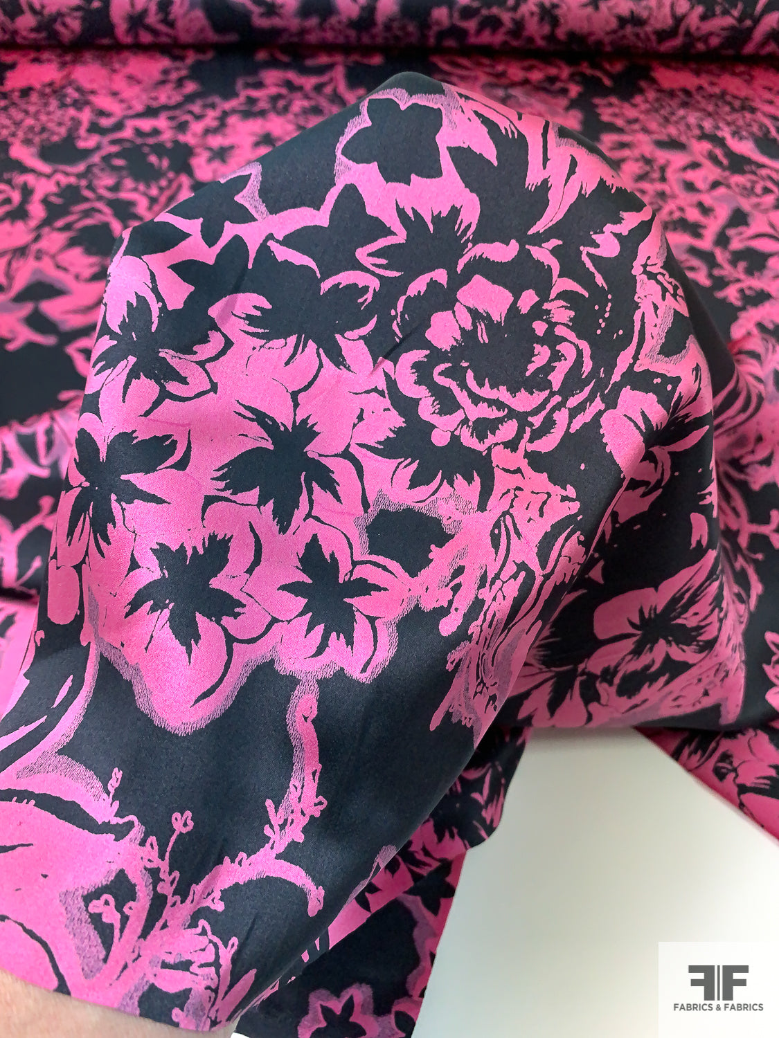 Romantic Floral Silhouette Printed Silk Charmeuse - Berry Pink / Black