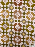 Geometric Harlequin Plaid Printed Silk Charmeuse - Olive / Gold / Yellow / Stone / Dusty Rose
