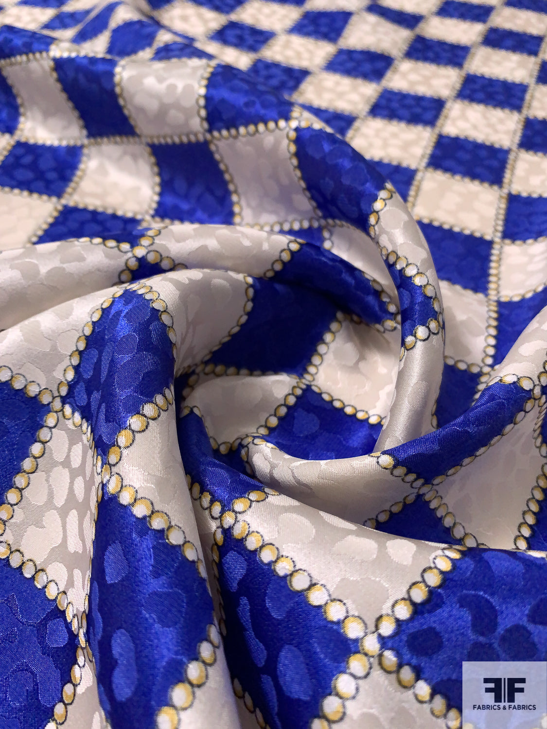 Checkered Printed Animal Pattern Jacquard Silk Charmeuse - Blue / Ivory / Yellow