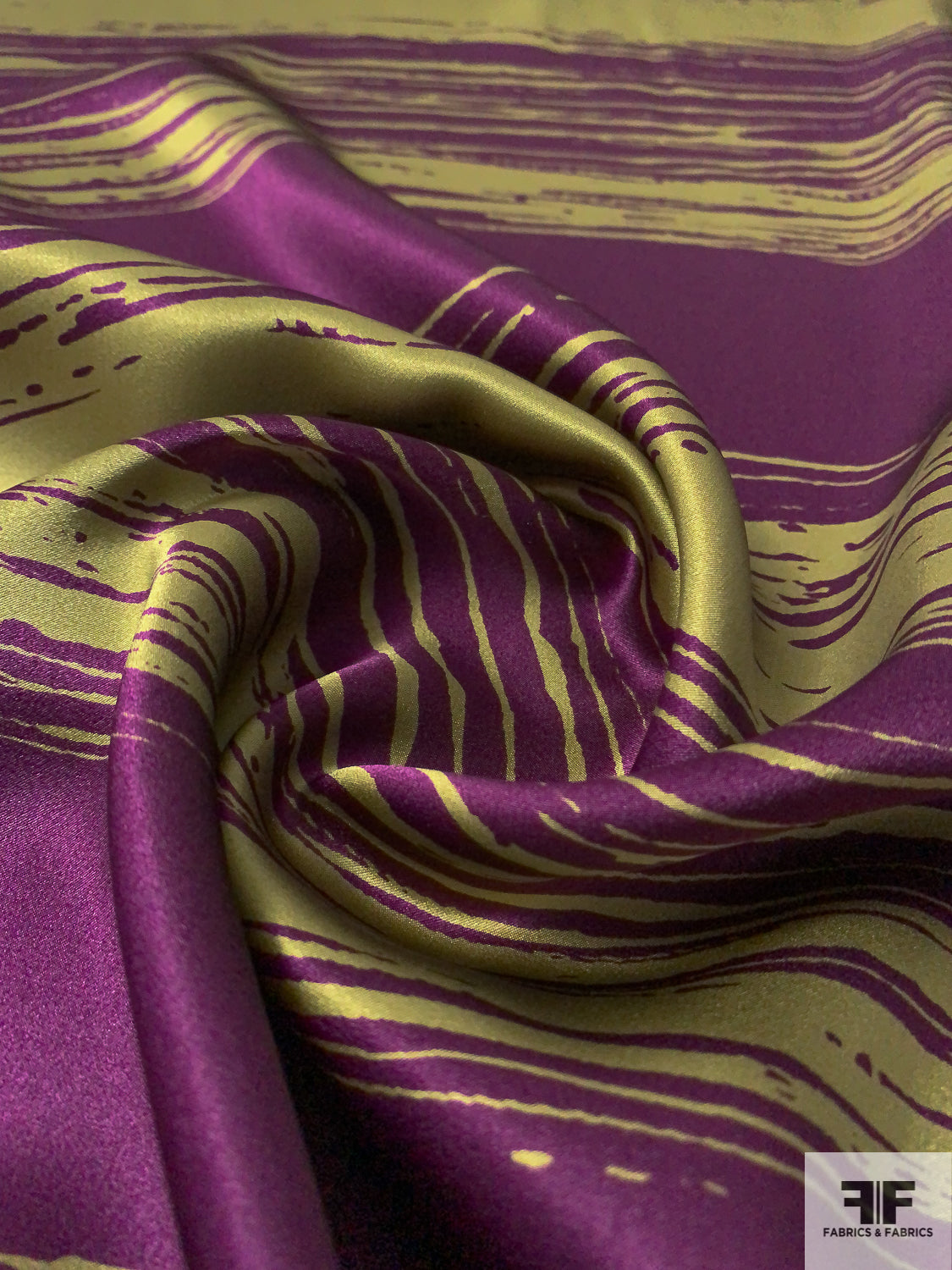 Large-Scale Brushstroke Printed Silk Charmeuse - Eggplant Purple / Moss Green