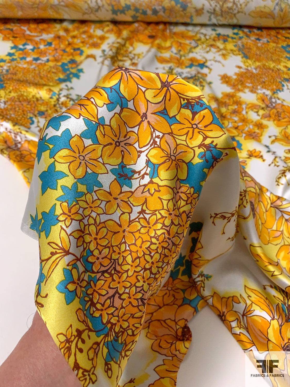 Floral Printed Silk Charmeuse - Golden Yellow-Orange / Turquoise / White