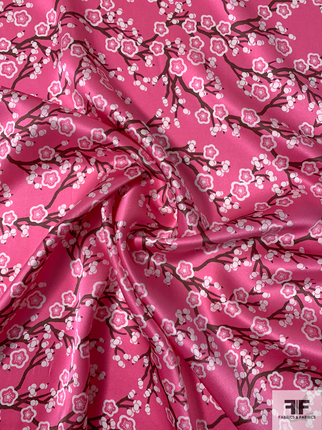 Floral Branches Printed Silk Charmeuse - Bubblegum PInk / Brown / White