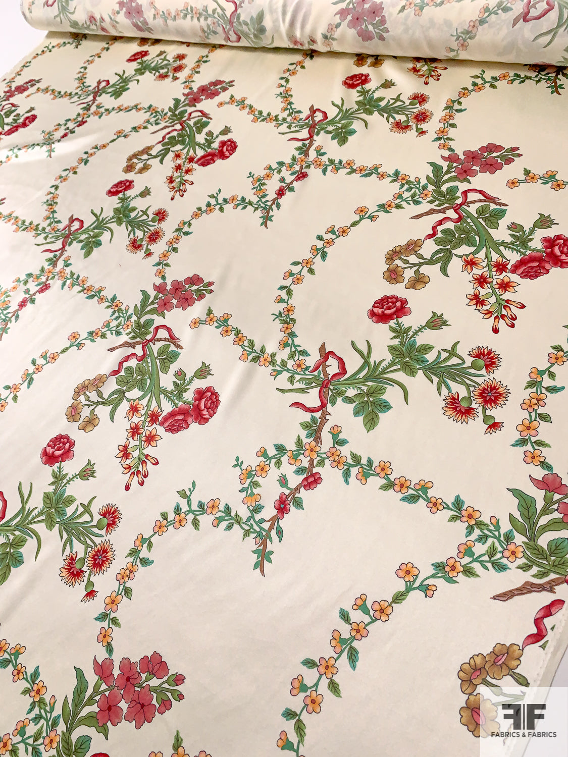 Ethereal Floral Printed Silk Charmeuse - Dusty Burgundy / Green / Ivory