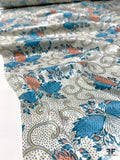 Paisley Leaf and Pin Dot Printed Silk Jacquard - Turquoise Blue / Salmon / Ecru