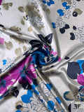 Romantic Floral Printed Silk Charmeuse - Violet / Turquoise Blue / Navy / Grey