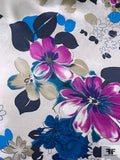 Romantic Floral Printed Silk Charmeuse - Violet / Turquoise Blue / Navy / Grey