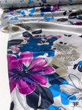 Romantic Floral Printed Silk Charmeuse - Violet / Turquoise Blue / Navy / Grey