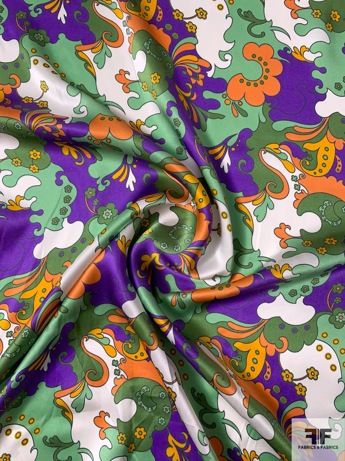 Pucci-esque Paisley-Like Printed Silk Charmeuse - Purple / Greens / Oranges / White
