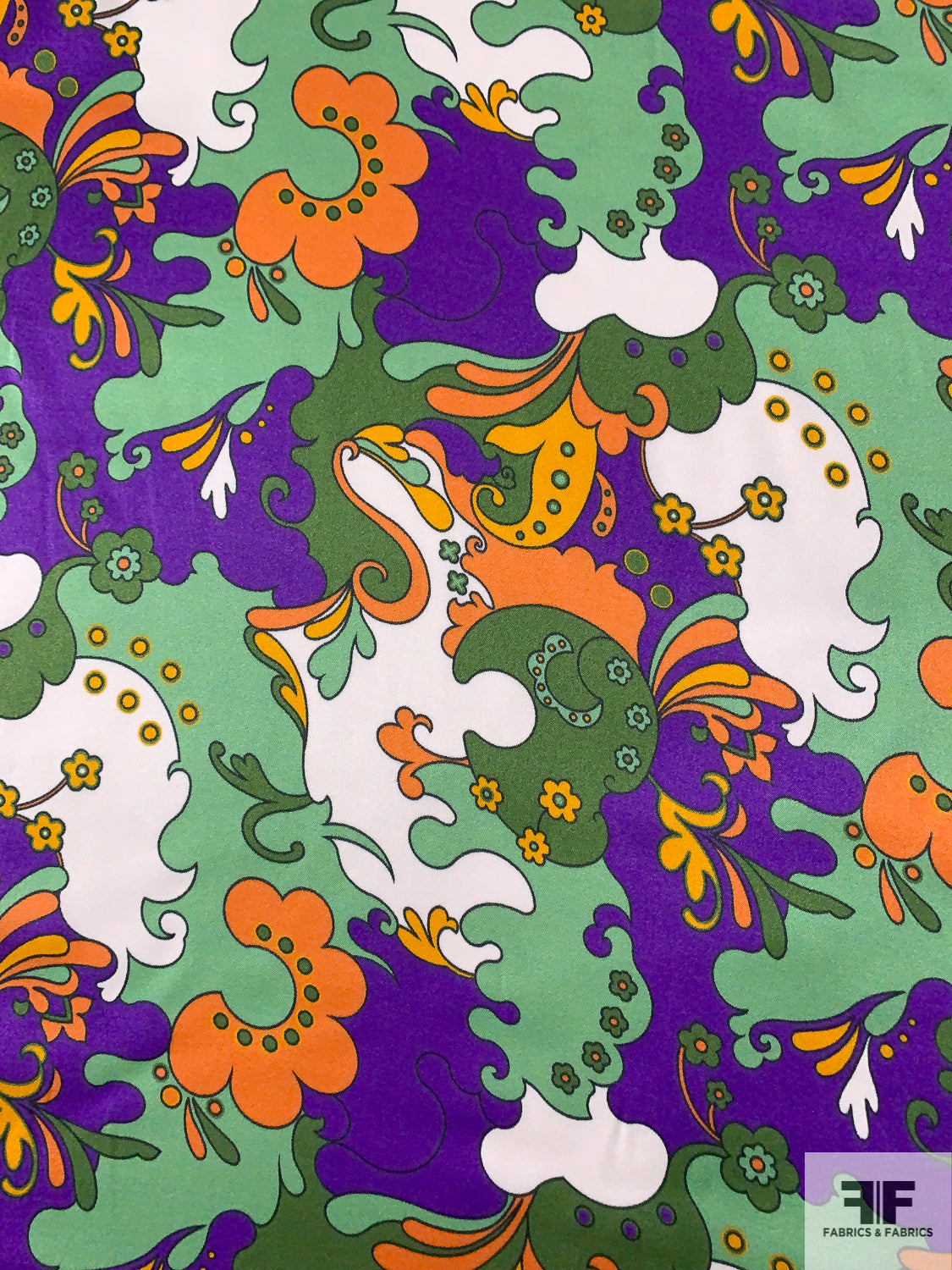 Pucci-esque Paisley-Like Printed Silk Charmeuse - Purple / Greens / Oranges / White