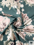 Romantic Floral Printed Silk Charmeuse - Evergreen / Stone Brown / Pastel Dusty Rose