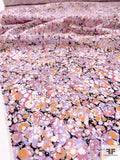 Oil Splatter Matte-Side Printed Silk Charmeuse - Shades of Orchid / Melon Orange / White