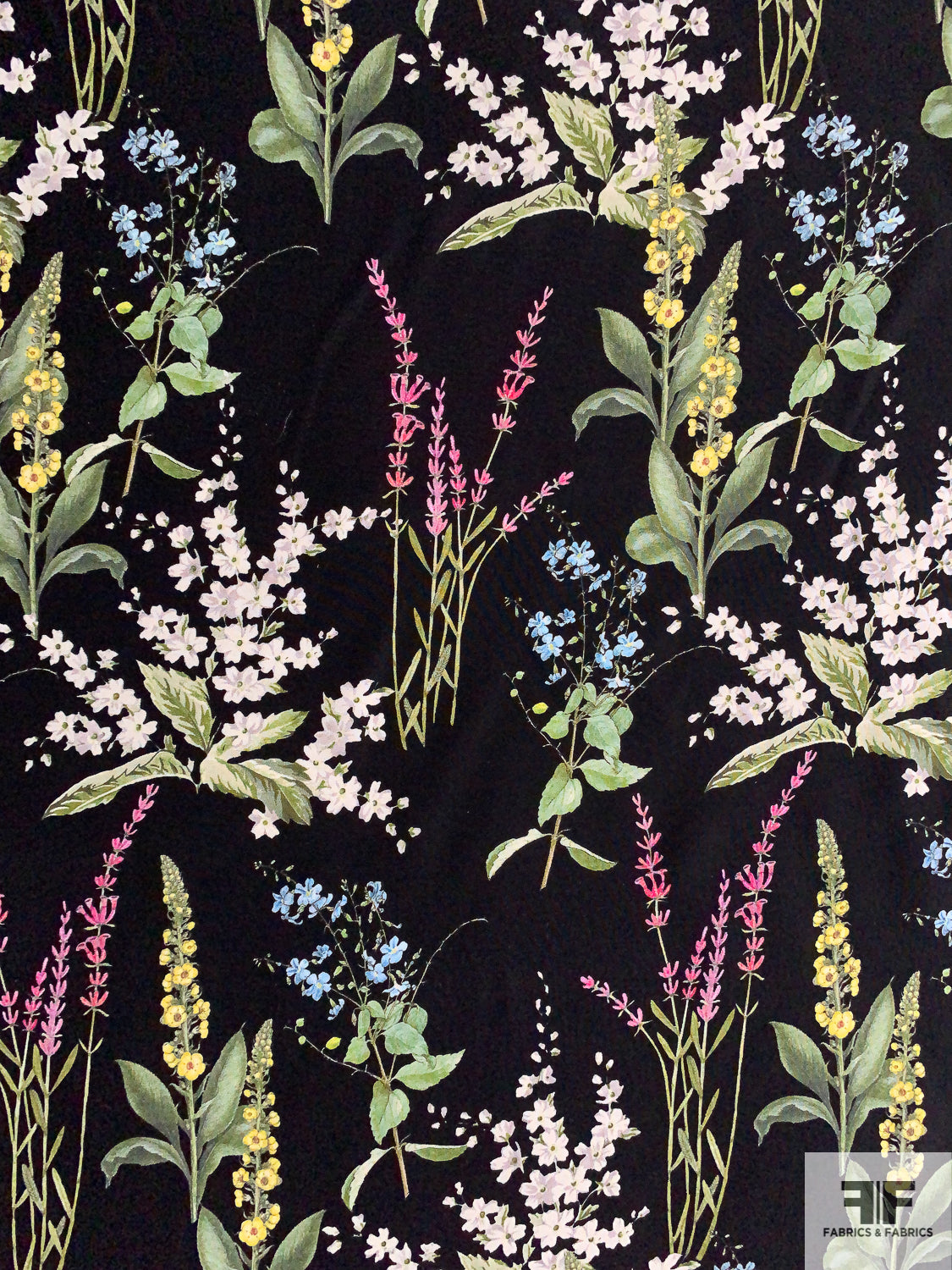 Floral Shrubs Matte-Side Printed Silk Charmeuse - Black / Leafy Greens / Pink / Light Blue