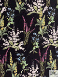 Floral Shrubs Matte-Side Printed Silk Charmeuse - Black / Leafy Greens / Pink / Light Blue