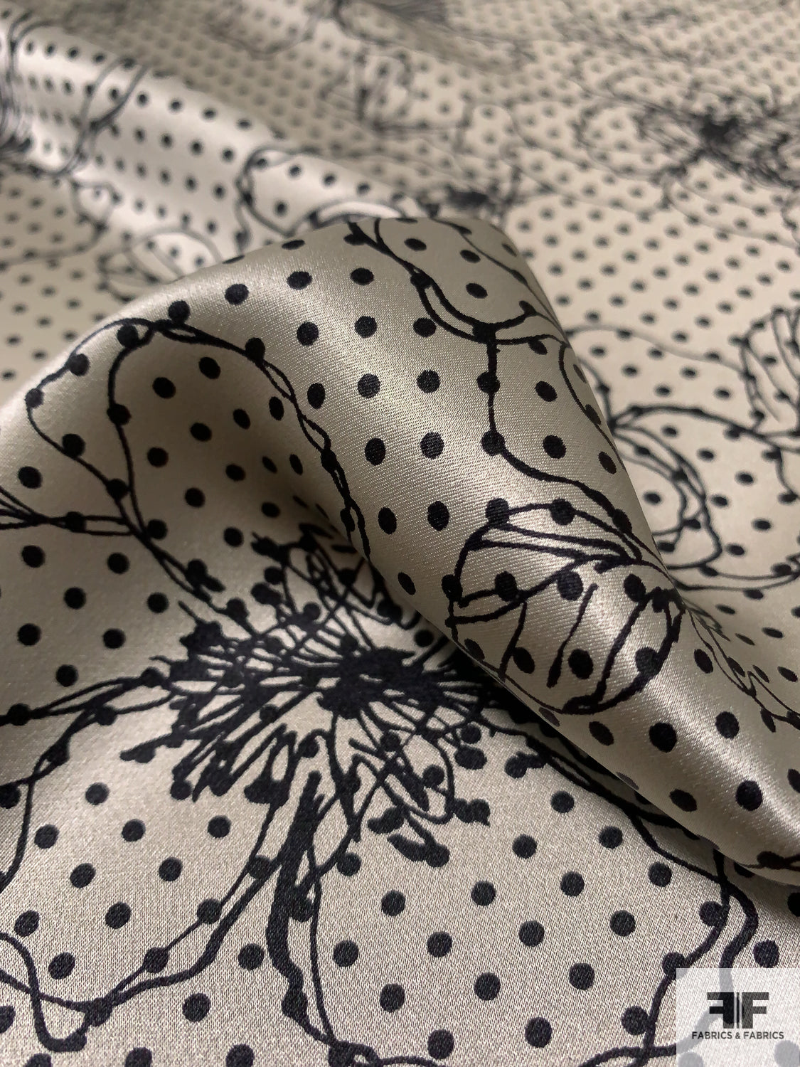 Floral Sketch and Dotted Printed Silk Charmeuse - Taupe-Grey / Black