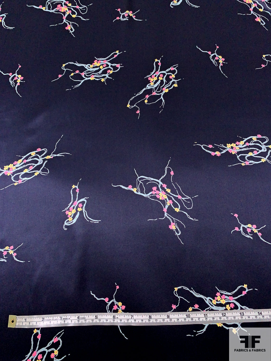 Delicate Floral Tentacles Printed Silk Charmeuse - Navy / Pink / Yellow / Sky Blue