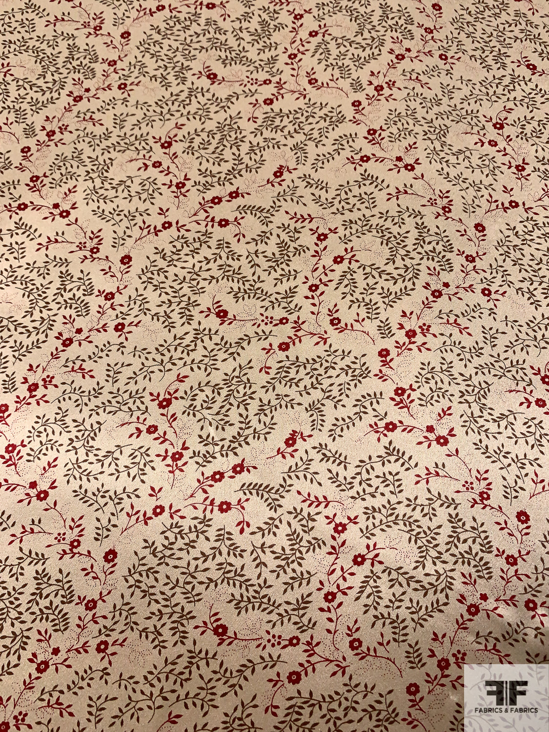 Ditsy Floral Stems Printed Silk Charmeuse - Khaki / Brown / Deep Red